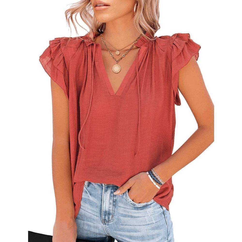Women's Casual V Neck Tops Ruffle Flutter Shirt Cap Sleeve Blouse